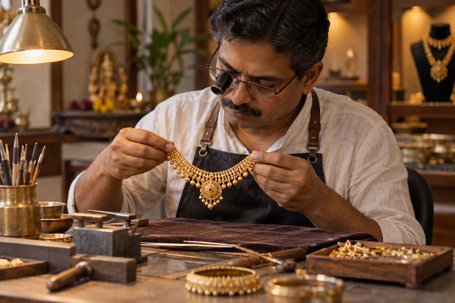 An Indian jewelry artisan inspecting a delicate gold necklace at a refined jeweler's workbench, precise natural hands, elegant warm light, close but environmental framing.